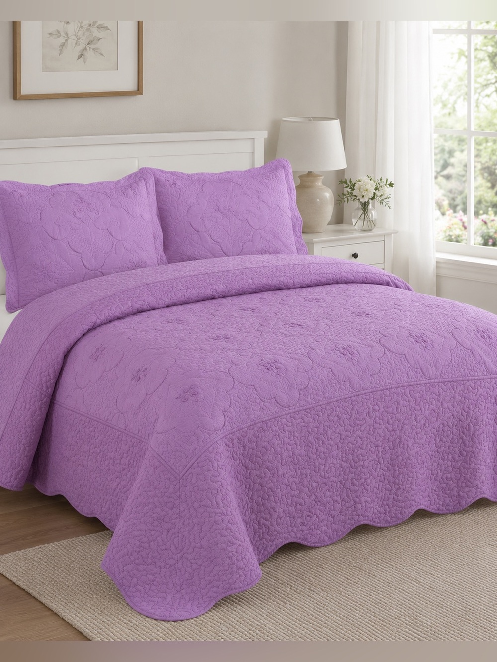 Lavender Quilted Floral Queen 3 piece Bedspread Set